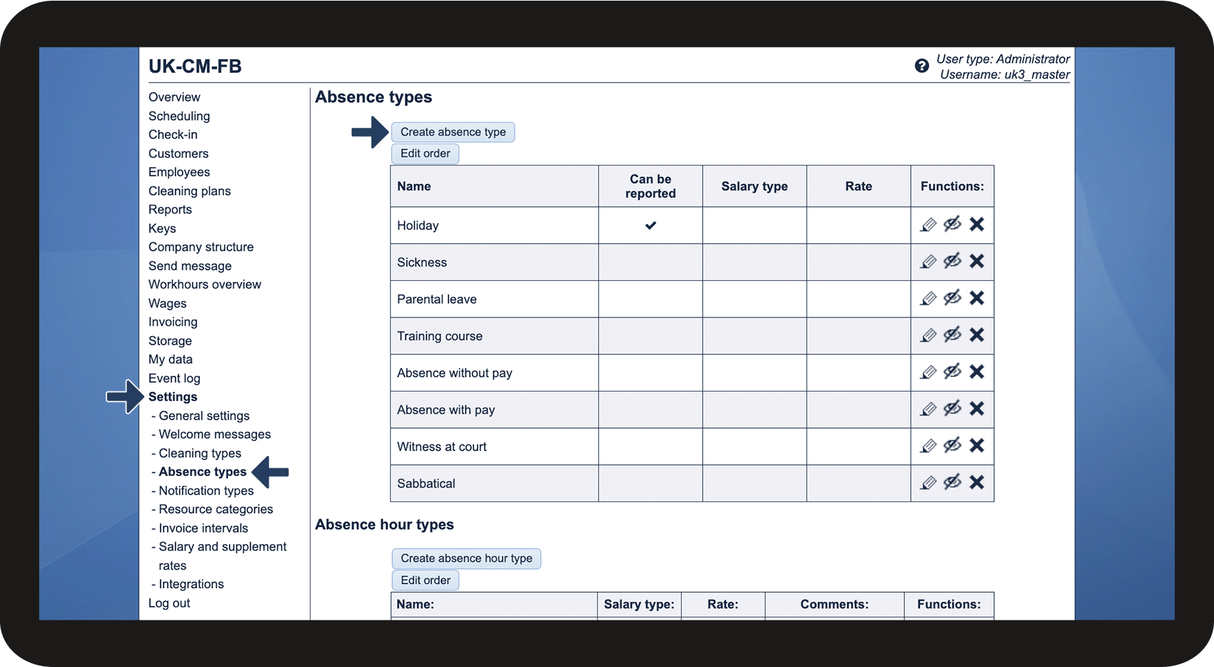 Creating absence types CleanManager