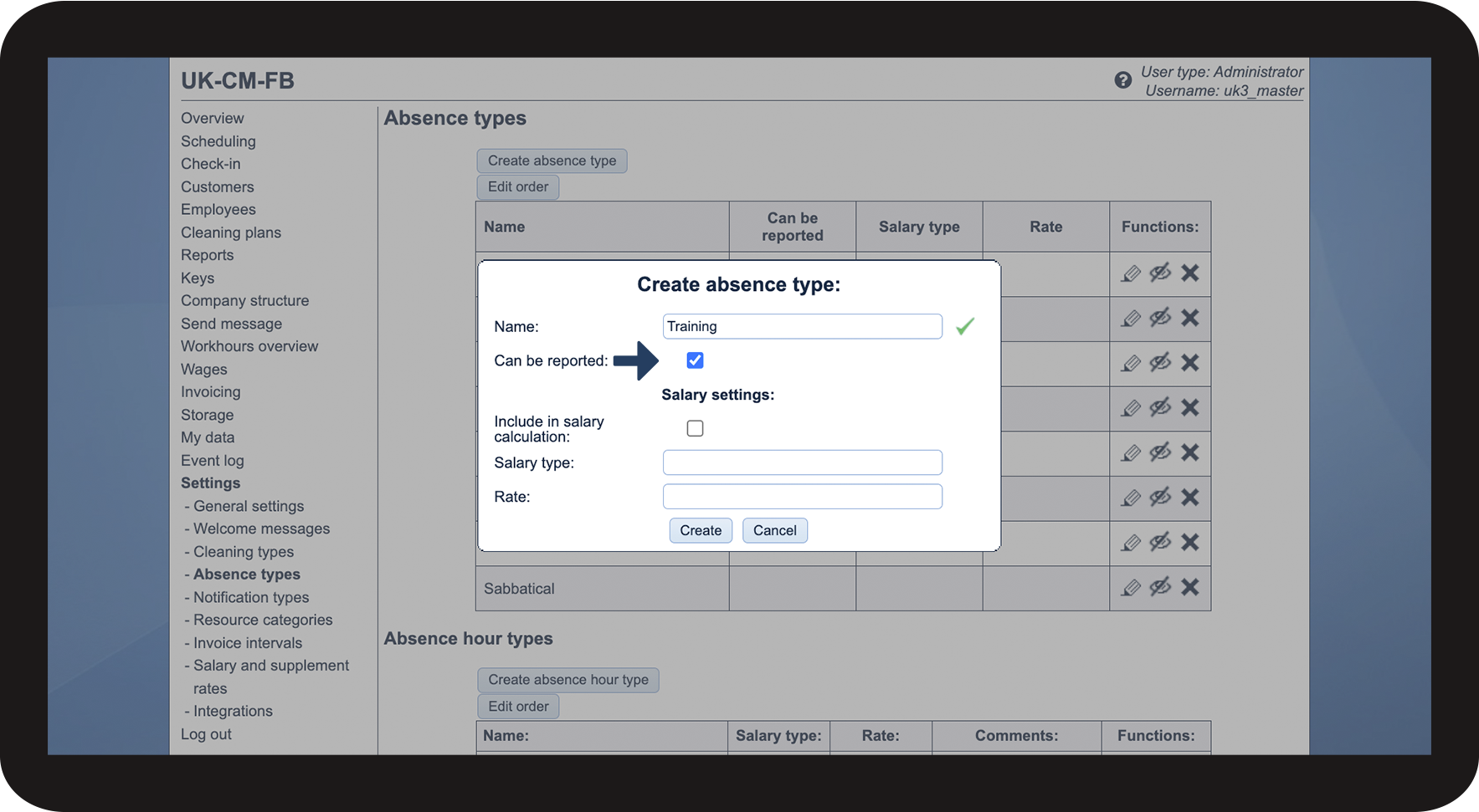 Creating absence types CleanManager